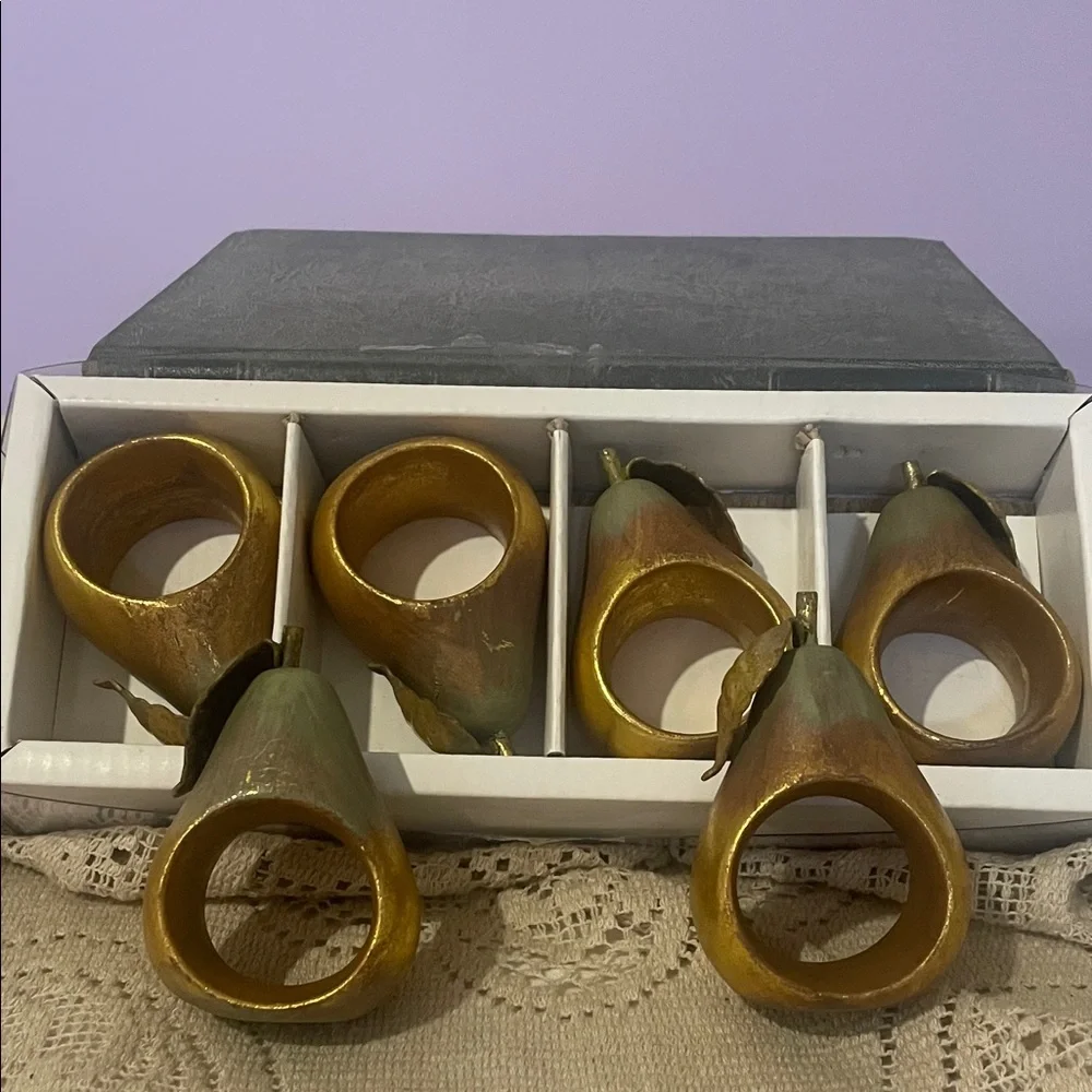 Gold and Green Pear Napkin Rings like new set of 6